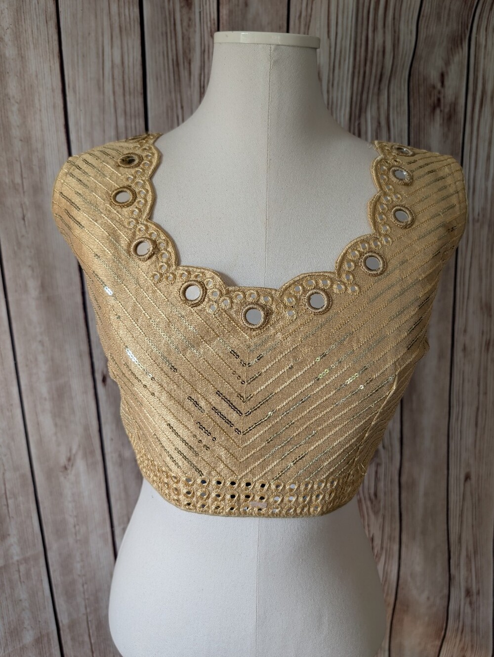 Gold Sequined With Mirror Work Readymade Blouse For Lehenga Or Saree
